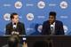 Jul 23, 2013; Philadelphia, PA, USA; First round draft pick center Nerlens Noel addresses the media as 76ers general manager Sam Hinkie listens during a press conference at PCOM. Mandatory Credit: Howard Smith-USA TODAY Sports