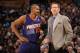 DENVER, CO - February 18: Jeff Hornacek of the Phoenix Suns talks with Leandro Barbosa #10 during the game against the Denver Nuggets on February 18, 2014 at the Pepsi Center in Denver, Colorado. NOTE TO USER: User expressly acknowledges and agrees that,