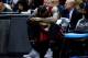 SAN ANTONIO, TX - JUNE 05: LeBron James #6 of the Miami Heat sits on the bench after leaving the game in the fourth quarter with cramps against the San Antonio Spurs during Game One of the 2014 NBA Finals at the AT&T Center on June 5, 2014 in San Antonio