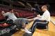 CLEVELAND - FEBRUARY 18: Athletic trainer Jim Gillen works on Carmelo Anthony of the Denver Nuggets during practice prior to the game against the Cleveland Cavaliers on February 18, 2010 at Quicken Loans Arena in Cleveland, Ohio. NOTE TO USER: User expres