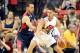 LAS VEGAS, NV - AUGUST 01: Stephen Curry #43 of the 2014 USA Basketball Men's National Team guards Klay Thompson #21 of the 2014 USA Basketball Men's National Team during a USA Basketball showcase at the Thomas & Mack Center on August 1, 2014 in Las Vega