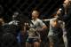 May 24, 2014; Las Vegas, NV, USA; New bantamweight champion TJ Dillashaw celebrates his TKO win over opponent Renan Barao (not pictured) following their UFC 173 bantamweight championship bout at MGM Grand Garden Arena. Mandatory Credit: Stephen R. Sylvan