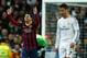 MADRID, SPAIN - MARCH 23: Lionel Messi of Barcelona celebrates scoring his team's third goal as Cristiano Ronaldo of Real Madrid looks dejected during the La Liga match between Real Madrid CF and FC Barcelona at the Bernabeu on March 23, 2014 in Madrid,