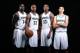 MINNEAPOLIS, MN - AUGUST 26: Anthony Bennett #24, Andrew Wiggins #22, Thaddeus Young #33 and Zach LaVine #8 of the Minnesota Timberwolves pose for portraits on August 26, 2014 at Target Center in Minneapolis, Minnesota. NOTE TO USER: User expressly ackn