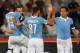 ROME, ITALY - AUGUST 24: Stefan De Vrij (2nd- L) with his teammates of SS Lazio celebrates after scoring the second team's goal during the TIM Cup match between SS Lazio and Bassano FC at Olimpico Stadium on August 24, 2014 in Rome, Italy. (Photo by Pao