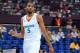 LONDON, ENGLAND - AUGUST 08: Nicolas Batum #5 of France reacts in the first half while taking on Spain during the Men's Basketball quaterfinal game on Day 12 of the London 2012 Olympic Games at North Greenwich Arena on August 8, 2012 in London, England.