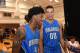 TARRYTOWN, NY - AUGUST 3: Elfrid Payton #4 and Aaron Gordon #00 of the Orlando Magic behind the scenes during the 2014 NBA rookie photo shoot on August 3, 2014 at the Madison Square Garden Training Facility in Tarrytown, New York. NOTE TO USER: User expr