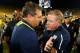 ANN ARBOR, MI - SEPTEMBER 07: Head coach Brian Kelly of the Notre Dame Fighting Irish shakes hands with head coach Brady Hoke after a 41-30 loss at Michigan Stadium on September 7, 2013 in Ann Arbor, Michigan. (Photo by Gregory Shamus/Getty Images)