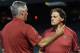 PHOENIX, AZ - JULY 22: Chief Baseball Officer Tony LaRussa of the Arizona Diamondbacks talks with General Manager Kevin Towers prior to a game between the Arizona Diamondbacks and the Detroit Tigers at Chase Field on July 22, 2014 in Phoenix, Arizona. (