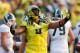 EUGENE, OR - SEPTEMBER 6: Arik Armstead #9 of the Oregon Ducks celebrates after a sack in the second half of the game against the Michigan State Spartans at Autzen Stadium on September 6, 2014 in Eugene, Oregon. Oregon won 46-27. (Photo by Joe Robbins/Get