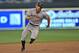 Aug 8, 2014; Kansas City, MO, USA; San Francisco Giants right fielder Hunter Pence (8) runs to third against the Kansas City Royals during the third inning at Kauffman Stadium. Mandatory Credit: Peter G. Aiken-USA TODAY Sports