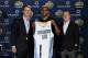 DENVER, CO - JUNE 30: (L/R) President Josh Kroenke, Arron Afflalo #10 and General Manager Tim Connelly of the Denver Nuggets pose for a photo during a press conference on June 30, 2014 at the Pepsi Center in Denver, Colorado. NOTE TO USER: User expressly