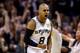 Jun 15, 2014; San Antonio, TX, USA; San Antonio Spurs guard Patty Mills (8) reacts to a basket during the third quarter against the Miami Heat in game five of the 2014 NBA Finals at AT&T Center. Mandatory Credit: Bob Donnan-USA TODAY Sports