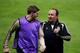 MADRID, SPAIN - OCTOBER 21: Rafael Benitez, manager of Liverpool, talks to Steven Gerrard during training before the UEFA Champions League Group D match between Atletico Madrid and Liverpool at the Vicente Calderon Stadium on October 21, 2008 in Madrid,