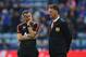 LEICESTER, ENGLAND - SEPTEMBER 21: Ryan Giggs and Manchester United coach Louis Van Gaal in discussion prior to the the Barclays Premier League match between Leicester City and Manchester United at The King Power Stadium on September 21, 2014 in Leiceste