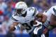 ORCHARD PARK, NY - SEPTEMBER 21: Donald Brown #34 of the San Diego Chargers runs the ball against the Buffalo Bills during the first half at Ralph Wilson Stadium on September 21, 2014 in Orchard Park, New York. (Photo by Tom Szczerbowski/Getty Images)