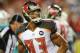 TAMPA, FL - AUGUST 16: Wide receiver Vincent Jackson #83 of the Tampa Bay Buccaneers looks to the crowd after his TD catch against the Miami Dolphins in the first half at Raymond James Stadium on August 16, 2014 in Tampa, Florida. (Photo by Cliff McBride