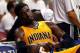 MIAMI, FL - MAY 24: Roy Hibbert #55 of the Indiana Pacers looks on from the bench against the Miami Heat during Game Three of the Eastern Conference Finals of the 2014 NBA Playoffs at American Airlines Arena on May 24, 2014 in Miami, Florida. (Photo by