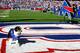 ORCHARD PARK, NY - OCTOBER 12: Buffalo Bills owner Terry Pegula's dog runs back into the tunnel after being spooked by the pyrotechnics introducing the Pegula family for a pre-game ceremony before the first half against the New England Patriots at Ralph