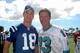Indianapolis Colts quarterback Peyton Manning and Miami Dolphins quarterback Dan Marino pose for a photo during a flag-football legends game during 2005 Pro Bowl week in Ko Olina, Honolulu February 11, 2005. (Photo by Al Messerschmidt/Getty Images)