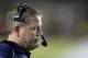 Oct 18, 2014; Tallahassee, FL, USA; Notre Dame Fighting Irish head coach Brian Kelly reacts from the sidelines after a series of downs against the Florida State Seminoles during the first quarter at Doak Campbell Stadium. Mandatory Credit: John David Merc