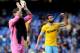 LIVERPOOL, ENGLAND - SEPTEMBER 21: Mile Jedinak (R) of Crystal Palace and his teammates applaud the travelling fans following their team's 3-2 victory during the Barclays Premier League match between Everton and Crystal Palace at Goodison Park on Septemb