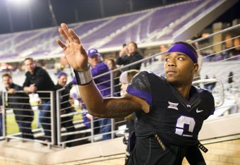 FORT WORTH, TX - NOVEMBER 8:  Trevone Boykin #2 of the TCU Horned Frogs waves to the crowd after defeating the Kansas State Wildcats on November 8, 2014 at Amon G. Carter Stadium in Fort Worth, Texas.  (Photo by Cooper Neill/Getty Images)