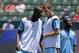 CARSON, CA - JULY 24: Mario Balotelli #45, Edin Dzeko #10 and Shaun Wright-Phillips #8 of Manchester City during warm ups against Los Angeles Galaxy during the Herbalife World Football Challenge 2011 at the Home Depot Center on July 24, 2011 in Carson, C