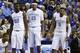 Nov 14, 2014; Lexington, KY, USA; Kentucky Wildcats guard Aaron Harrison (2) guard forward Alex Poythress (22) forward Willie Cauley-Stein (15) guard Andrew Harrison (5) enter the game after a time out during the game against the Grand Canyon Antelopes at