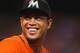 ANAHEIM, CA - AUGUST 27: Giancarlo Stanton #27 of the Miami Marlins looks on against the Los Angeles Angels of Anaheim at Angel Stadium of Anaheim on August 27, 2014 in Anaheim, California. (Photo by Jeff Gross/Getty Images)