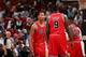 MIAMI, FL - OCTOBER 29: Derrick Rose #1 and Luol Deng #9 of the Chicago Bulls speak with eachother against the Miami Heat on October 29, 2013 at AmericanAirlines Arena in Miami, Florida. NOTE TO USER: User expressly acknowledges and agrees that, by downlo