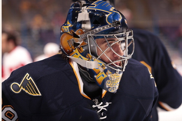 Goaltender Martin Brodeur watches practice he tries to make the roster of  the St. Louis Blues at the Scottrade Center in St. Louis on November 28,  2014. Brodeur (42) has played his