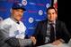 Nov 20, 2014; Toronto, Ontario, CAN; Toronto Blue Jays catcher Russell Martin (left) shakes hands with general manager Alex Anthopoulos after Martin was introduced at a press conference at Rogers Centre. Mandatory Credit: Dan Hamilton-USA TODAY Sports