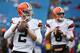 ORCHARD PARK, NY - NOVEMBER 30: Johnny Manziel #2 of the Cleveland Browns and Brian Hoyer #6 of the Cleveland Browns warm up before the game against the Buffalo Bills at Ralph Wilson Stadium on November 30, 2014 in Orchard Park, New York. (Photo by Bre