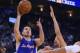 November 5, 2014; Oakland, CA, USA; Los Angeles Clippers guard J.J. Redick (4, left) shoots the basketball against Golden State Warriors guard Klay Thompson (11) during the first quarter at Oracle Arena. Mandatory Credit: Kyle Terada-USA TODAY Sports