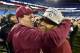 Dec 6, 2014; Charlotte, NC, USA; Florida State Seminoles head coach Jimbo Fisher with quarterback Jameis Winston (5) after the game. The Seminoles defeated the Georgia Tech Yellow Jackets 37-35 at Bank of America Stadium. Mandatory Credit: Bob Donnan-USA