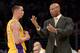 LOS ANGELES, CA - NOVEMBER 26: Byron Scott of the Los Angeles Lakers talks to Jeremy Lin #17 during a 99-93 loss to the Memphis Grizzlies at Staples Center on November 26, 2014 in Los Angeles, California. NOTE TO USER: User expressly acknowledges and ag