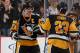 PITTSBURGH, PA - NOVEMBER 15: Sidney Crosby #87 celebrates with Steve Downie #23 of the Pittsburgh Penguins after a 3-2 shootout win over the New York Rangers at Consol Energy Center on November 15, 2014 in Pittsburgh, Pennsylvania. (Photo by Gregory Sh