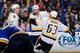 ST. LOUIS, MO - NOVEMBER 8: James Neal #18 of the Nashville Predators is congratulated by Filip Forsberg #9 and Mike Ribeiro #63 after scoring the game winning goal off of Brian Elliott #1 of the St. Louis Blues on November 8, 2014 at Scottrade Center in