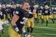 Oct 4, 2014; South Bend, IN, USA; Notre Dame Fighting Irish linebacker Joe Schmidt (38) reacts after Notre Dame defeated the Stanford Cardinal 17-14 at Notre Dame Stadium. Mandatory Credit: Matt Cashore-USA TODAY Sports