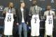 BROOKLYN, NY - July 18: Nets majority owner Mikhail Prokhorov joins Kevin Garnett #2, Paul Pierce #34, and Jason Terry #31 of the Brooklyn Nets during a press conference at the Barclays Center on July 18, 2013 in the Brooklyn borough of New York City. NO