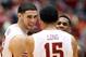 Dec 4, 2014; Ames, IA, USA; Iowa State Cyclones forward Georges Niang (31), guard Monte Morris (11) and guard Naz Long (15) react during a timeout against the Arkansas Razorbacks at James H. Hilton Coliseum. Iowa State beat Arkansas 95-77. Mandatory Cred