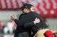 SANTA CLARA, CA - DECEMBER 28: head coach Jim Harbaugh of the San Francisco 49ers and CEO Jed York talk at midfield during warm ups against the Arizona Cardinals at Levi's Stadium on December 28, 2014 in Santa Clara, California. (Photo by Don Feria/Getty