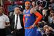 SACRAMENTO, CA - DECEMBER 27: Head Coach Derek Fisher of the New York Knicks coaches Carmelo Anthony #7 against the Sacramento Kings on December 27, 2014 at Sleep Train Arena in Sacramento, California. NOTE TO USER: User expressly acknowledges and agrees
