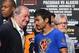 MACAU - NOVEMBER 22: Top Rank Founder and CEO Bob Arum, Manny Pacquiao and trainer Freddie Roach talk during the official weigh in at The Venetian on November 22, 2014 in Macau. Pacquiao will defend his WBO world welterweight title against Chris Algieri