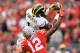 COLUMBUS, OH - NOVEMBER 29: Devin Funchess #1 of the Michigan Wolverines catches a 45-yard pass in front of Doran Grant #12 of the Ohio State Buckeyes in the first quarter at Ohio Stadium on November 29, 2014 in Columbus, Ohio. (Photo by Jamie Sabau/Get