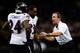 NEW ORLEANS, LA - NOVEMBER 24: Defensive coordinator Steve Spagnuolo of the Baltimore Ravens speaks with Darian Stewart #24 and Will Hill #33 during the second quarter of a game against the New Orleans Saintsat the Mercedes-Benz Superdome on November 24,