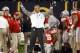 Jan 12, 2015; Arlington, TX, USA; Ohio State Buckeyes head coach Urban Meyer celebrates during the fourth quarter against the Oregon Ducks in the 2015 CFP National Championship Game at AT&T Stadium. Mandatory Credit: Tim Heitman-USA TODAY Sports