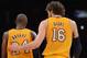 LOS ANGELES, CA - NOVEMBER 27: Kobe Bryant #24 of the Los Angeles Lakers and Pau Gasol #16 talk during a 79-77 Indiana Pacers win at Staples Center on November 27, 2012 in Los Angeles, California. NOTE TO USER: User expressly acknowledges and agrees tha
