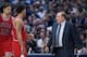 Jan 23, 2015; Dallas, TX, USA; Chicago Bulls head coach Tom Thibodeau gives instructions to Chicago Bulls guard Derrick Rose (1) and forward Pau Gasol (16) during the second half against the Dallas Mavericks at the American Airlines Center. The Bulls defe